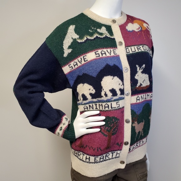 90s WOOLRICH Save Our Animals/Earth Wool Cardigan - Picture 2 of 7